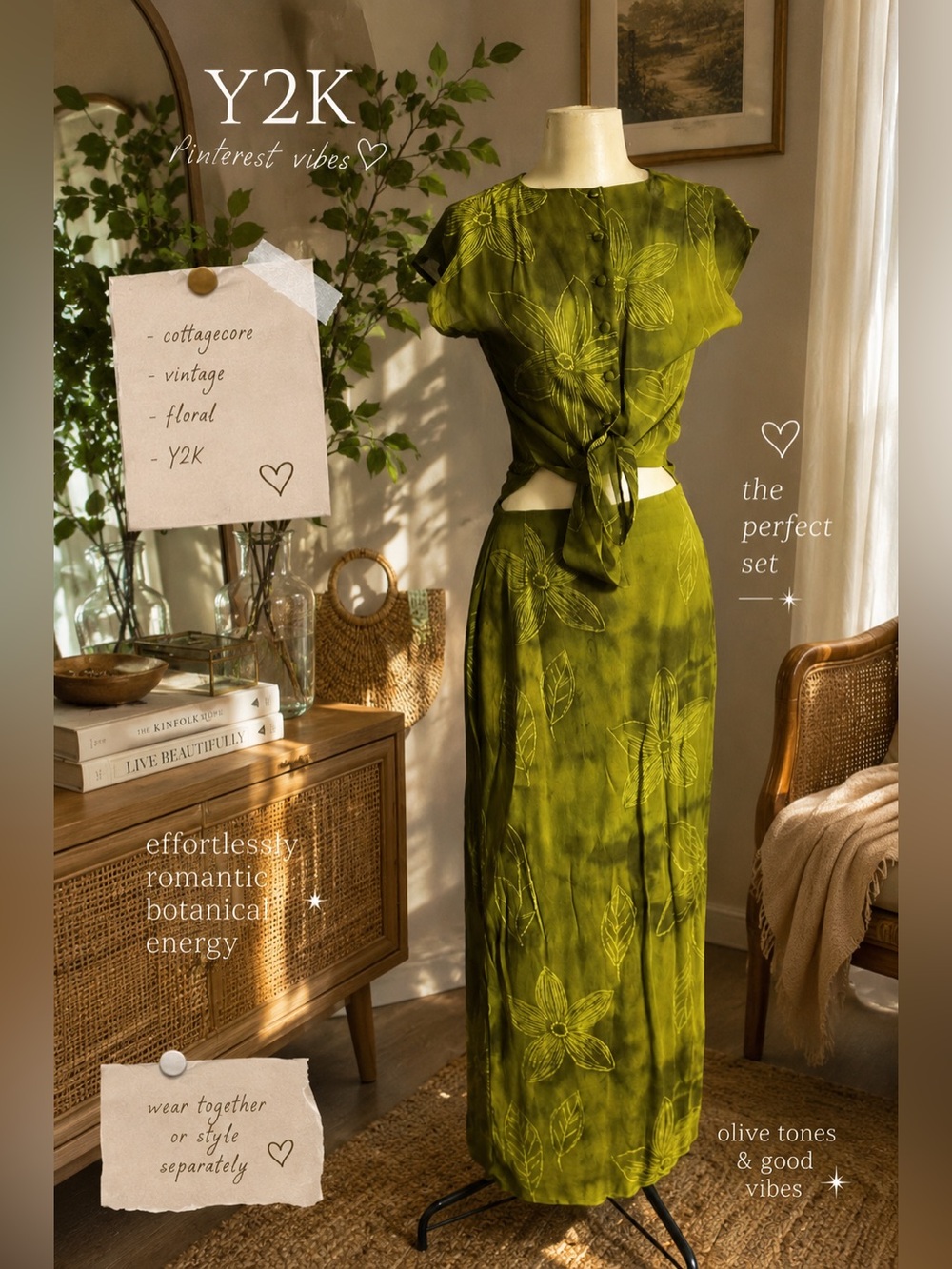 Vintage Olive Green Floral Two-Piece Skirt Set Cottagecore Y2K Botanical set S